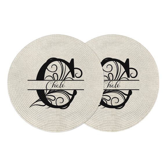 Letter C Round Placemats Set of 2, Braided Polypropylene Place Mats, Monogram Words Washable Table Mats for Kitchen Dinner Holiday Wedding Party Coffee Table Decoration 13"