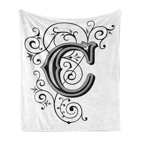 Letter C Soft Flannel Fleece Blanket, Victorian Inspired Gothic Style Capital C Vintage Feminine Floral Branches, Cozy Plush for Indoor and Outdoor Use, 50" x 70", White Black Grey, by Ambesonne