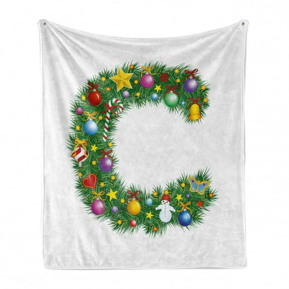 Letter C Soft Flannel Fleece Throw Blanket, Celebration Design Letter C Capital Hearts Colorful Balls Winter Holiday, Cozy Plush for Indoor and Outdoor Use, 60" x 80", Multicolor, by Ambesonne
