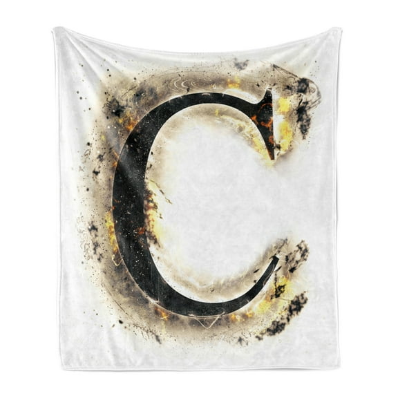 Letter C Soft Flannel Fleece Throw Blanket, Letter C Flaming Backdrop Combusted Alphabet Paper Effect Writing, Cozy Plush for Indoor and Outdoor Use, 70" x 90", Tan Black Yellow, by Ambesonne