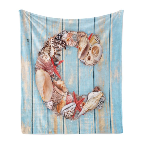 Letter C Soft Flannel Fleece Throw Blanket, Marine Life Design Letter C from Alphabet on Soft Colored Backdrop, Cozy Plush for Indoor and Outdoor Use, 50" x 70", Dark Coral Pale Blue, by Ambesonne