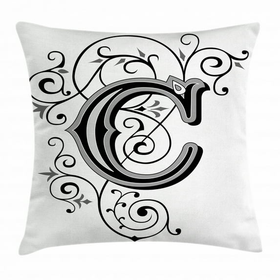 Letter C Throw Pillow Cushion Cover, Victorian Inspired Gothic Style Capital C Vintage Feminine Floral Branches, Decorative Square Accent Pillow Case, 24 X 24 Inches, Black Grey White, by Ambesonne