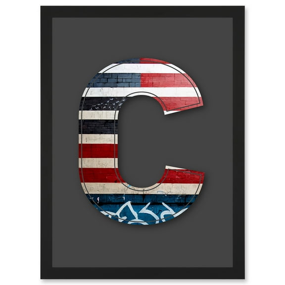 Letter C USA American Flag Red White Blue Decorative Graffiti Mural Alphabet Initial Stencil Artwork Framed Wall Art Print A4
