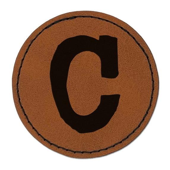 Letter C Uppercase Cute Typewriter Font 2.5" Faux Leather Round Engraved Iron-On Patch - Brown