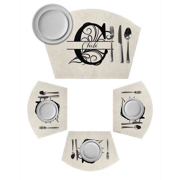 Letter C Wedge Shaped Placemats Set of 4, Cotton Linen Fan Place Mats, Monogram Words Washable Table Mats for Holiday Wedding Party Dinning Coffee Tables 11.8"x17.5"