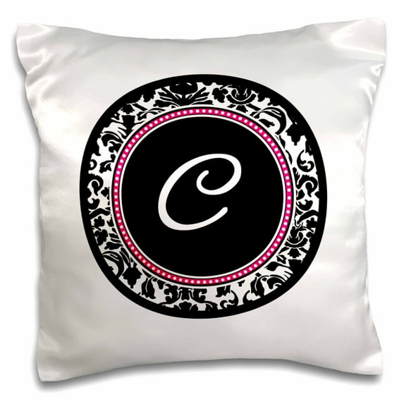 3dRose, Letter C stylish monogrammed circle - girly personal initial - personalized black damask hot pink, 16x16 inch Pillow Case