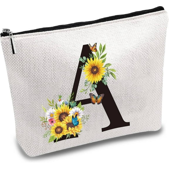 Letter A Canvas Makeup Bags Cosmetic Bag Flower Multi Purpose Pen Case with Metal Zipper Pouch Toiletry Travel Accessories Bag Gifts Personalized for Women Best Friends Sister 10 x 7Inch DIY
