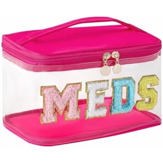 Letter Clear Medicine Makeup Bag, Large Size Waterproof Nylon Cosmetic Toiletry Storage bag with Top Handle, Transparent Meds First Aid Travel Organizer Cosmetic Bag,Hot Pink