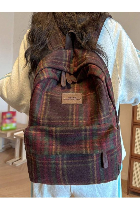 Letter Color Blocking Women's Functional Backpack, British Retro Plaid Woolen Small Capacity Backpack, Casual Bookbag, Student Bag, Without Pendant