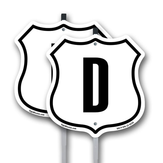 Letter D (2 Pack) 12 inch X 12 inch Shield Shaped Rust-Free Aluminum Metal Signs with Aluminum Mounting Stakes Weather Resistant Made in the USA