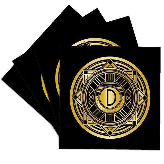 3drose, Letter D Art Deco Geometric Monogram in Faux Gold and Black, Set of 4 Ceramic Tile Coasters
