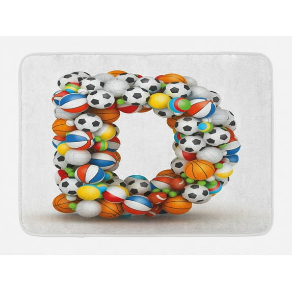 Letter D Bath Mat, Typescript in Sports Inspired Style Fun Game Match Play Kids Boys Children Design, Non-Slip Plush Mat Bathroom Kitchen Laundry Room Decor, 29.5 X 17.5 Inches, Multicolor, Ambesonne