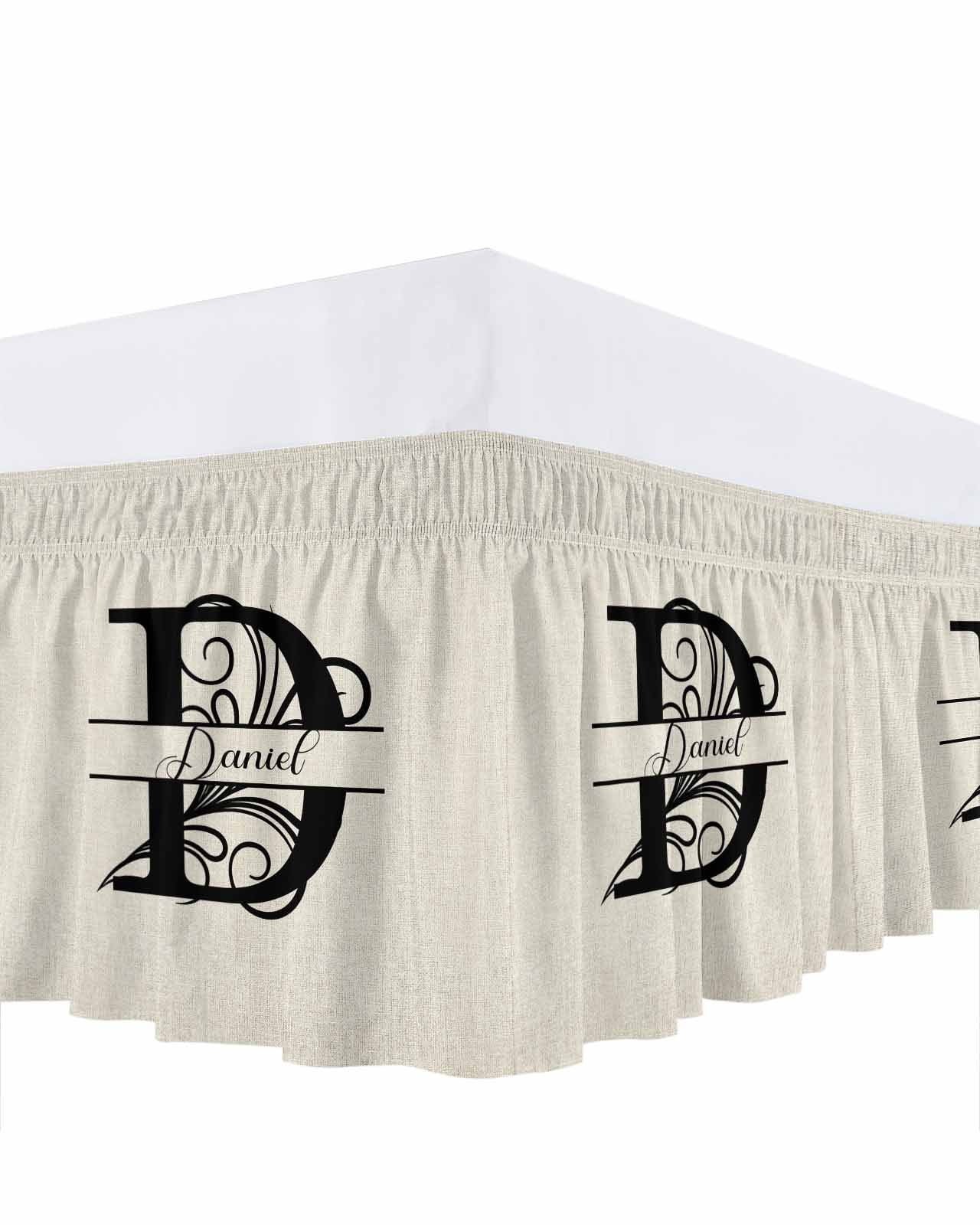 Letter D Bed Skirt Queen Size, Monogram Words Wrap Around Bed Skirting with Adjustable Elastic Strap, Dust Ruffle Pleated Bedskirts 16 Inch Drop for Bedroom Queen Beds