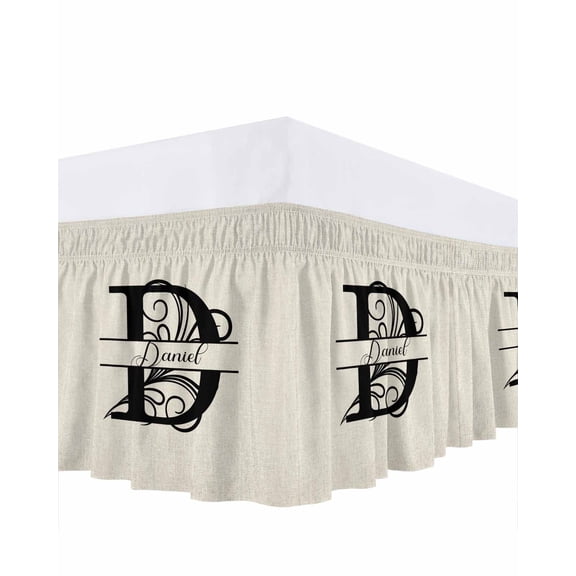 Letter D Bed Skirt Queen Size, Monogram Words Wrap Around Bed Skirting with Adjustable Elastic Strap, Dust Ruffle Pleated Bedskirts 16 Inch Drop for Bedroom Queen Beds