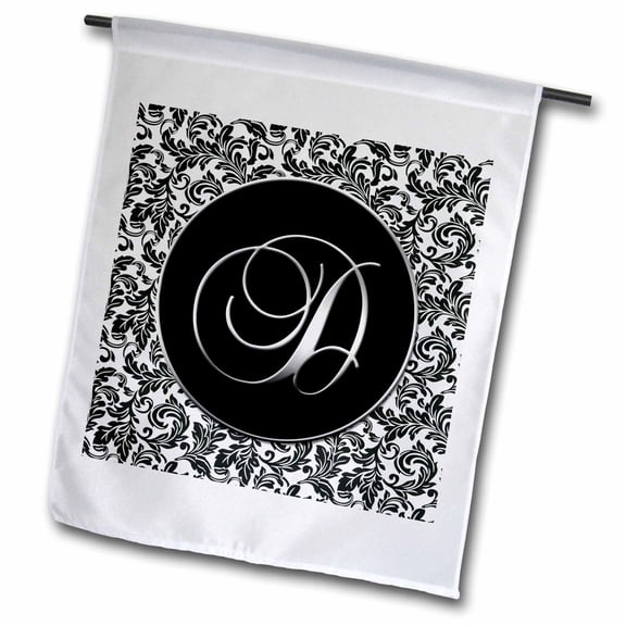 3dRose, Letter D - Black and White Damask, 18 x 27 inch Garden Flag