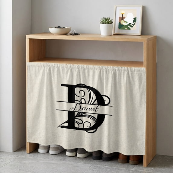 Letter D Cabinet Curtain 35"Wx35"L, Dustproof Under Sink Skirt with Self Adhesive Tape, Monogram Words Cabinet Curtain Cover for Kitchen Sink, Bathroom Vanity, Laundry Room