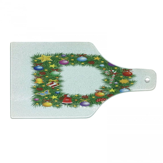 Letter D Cutting Board, Pine Tree Pattern with Vibrant Colored Christmas Elements Alphabet Capital D Print, Tempered Glass Cutting and Serving Board, Wine Bottle Shape, Multicolor, by Ambesonne