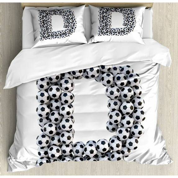 Letter D Duvet Cover Set Queen Size, Soccer Balls in the Form of Alphabet Symbols Old School Monotone Arrangement, Decorative 3 Piece Bedding Set with 2 Pillow Shams, Black White, by Ambesonne
