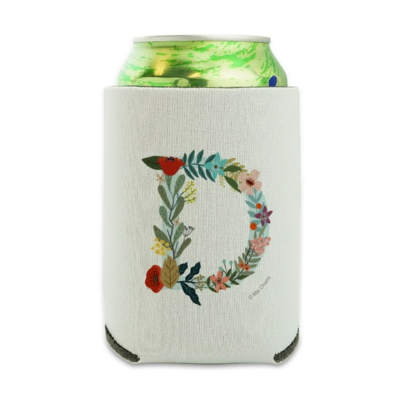 Letter D Floral Monogram Initial Can Cooler - Drink Sleeve Hugger Collapsible Insulator - Beverage Insulated Holder
