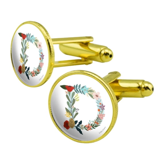 Letter D Floral Monogram Initial Round Cufflink Set Gold Color