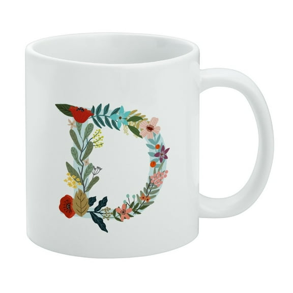 Letter D Floral Monogram Initial White Mug