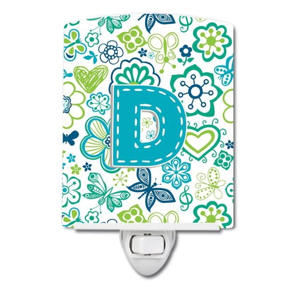 Letter D Flowers & Butterflies Teal & Blue Ceramic Night Light
