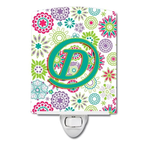Letter D Flowers Pink Teal Green Initial Ceramic Night Light