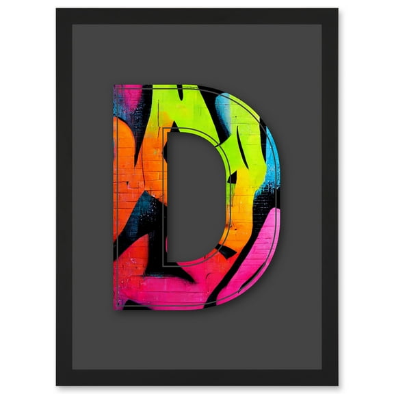Letter D Fluorescent Abstract Decorative Graffiti Mural Alphabet Initial Stencil Artwork Framed Wall Art Print A4