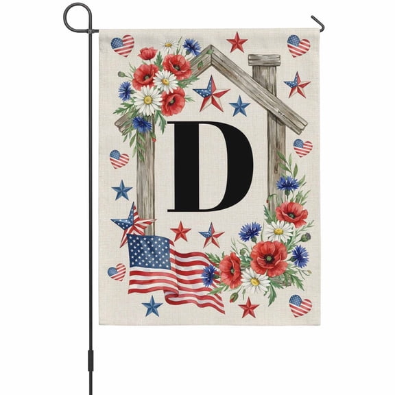 Letter D Garden Flag 12 x 18 Inches, Patriotic US Flag Wooden Frame Red Blue Floral Linen Texture Weather Proof Outdoor Patio Flags Double Sided Small Garden Decoration for Yard Outside Home