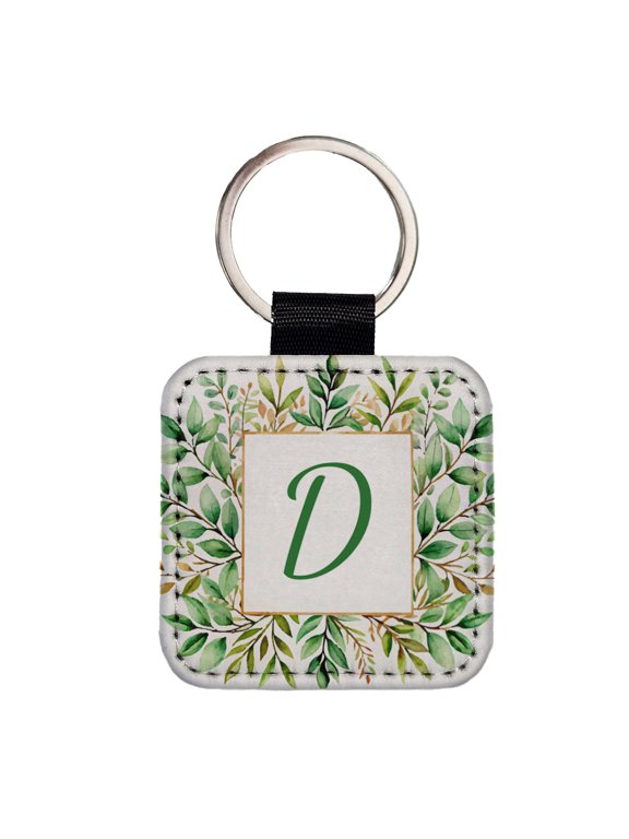 Letter D Initial Monogram Frame Leaf Faux Leather Square Keychain
