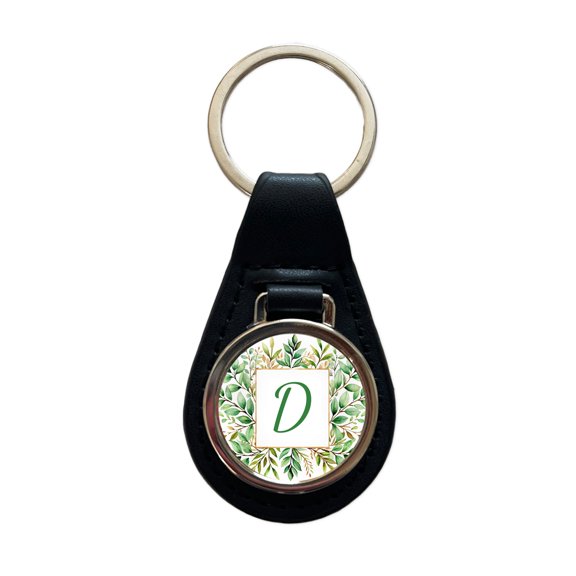 Letter D Initial Monogram Frame Leaf Metal Black Leather Keychain