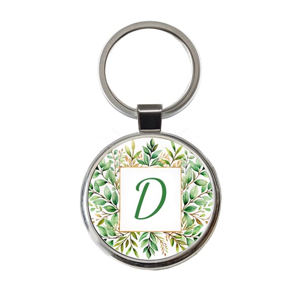 Letter D Initial Monogram Frame Leaf Metal Round Keychain