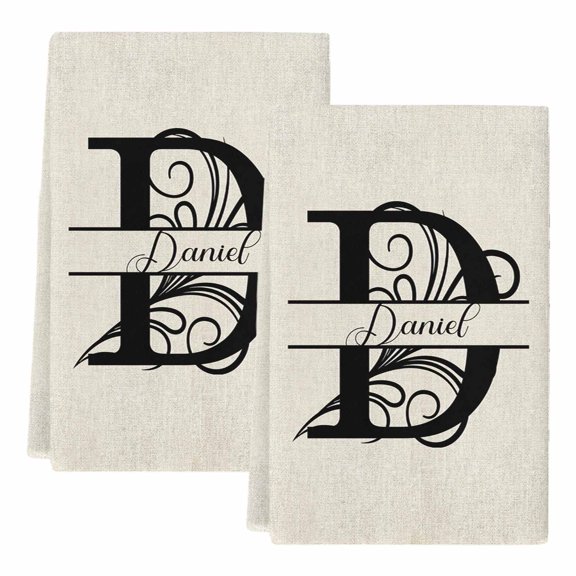 Letter D Kitchen Towels Set of 2, Absorbent Microfiber Dish Tea Towels with Hanging Loop, Monogram Words Resuable Hand Towel for Home Kitchen Cooking Cleaning 18"x28"