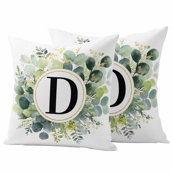Letter D Outdoor Pillow Covers Set of 2 Alphabet Green Eucalyptus Leaves Plant Simple Waterproof Throw Pillow Cover Decorative Cushion Cases for Patio Porch Garden 16X16 Inch