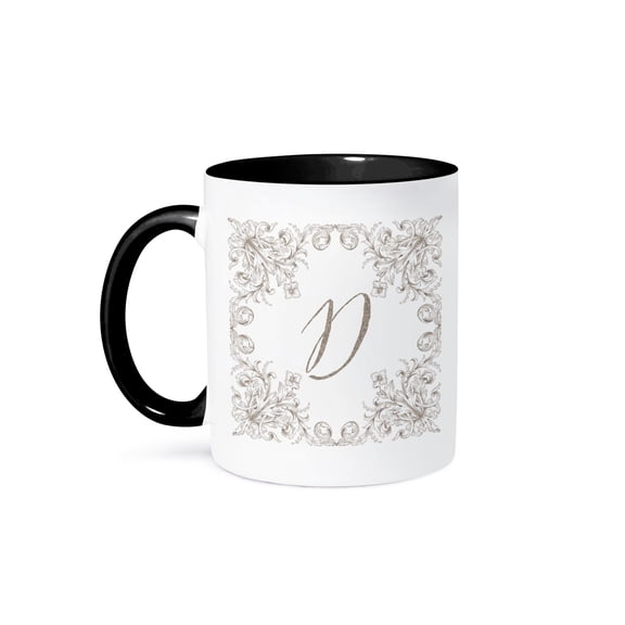 3dRose, Letter D Personal Luxury Vintage Glitter Monogram-Personalized Initial, 11oz Two-Tone Black Mug