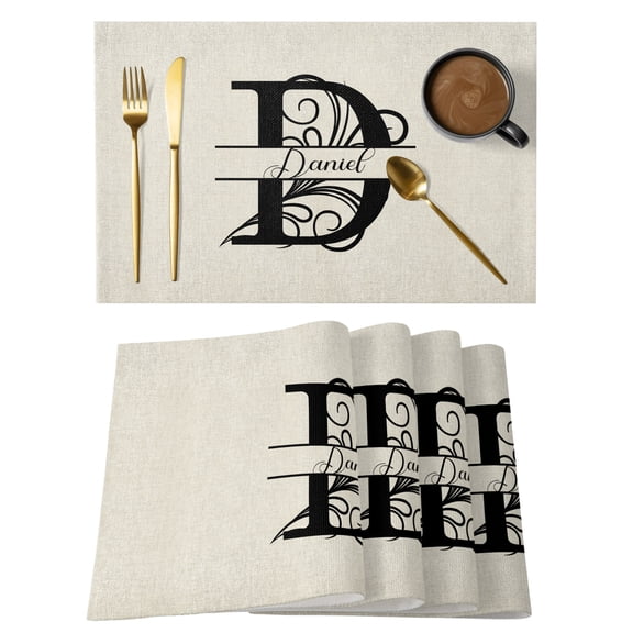 Letter D Placemats Set of 2, Cotton Linen Fabric Place Mats, Monogram Words Washable Decorative Table Mats Protector for Home Kitchen Dining Wedding Party Coffee Tables