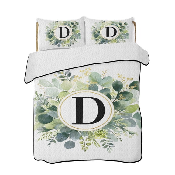 Letter D Quilts Bedding Set King Size Alphabet Green Eucalyptus Leaves Plant Simple Lightweight Quilted Bedspread 3 Piece Bed Quilt with 2 Pillow Shams All Season for Bedroom 90" x 96"