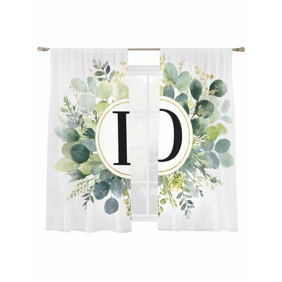 Letter D Sheer Curtains 63 inches Long, Alphabet Green Eucalyptus Leaves Plant Simple Light Filtering Sheer Window Curtains Rod Pocket Voile Drapes for Bedroom Living Room, 2 Panels 52"W x 63"L