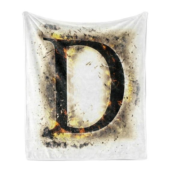 Letter D Soft Flannel Fleece Blanket, Evil Blazing Uppercase D in Big Fonts Heat Typography Vintage Horror Design, Cozy Plush for Indoor and Outdoor Use, 50" x 70", Tan Black Yellow, by Ambesonne