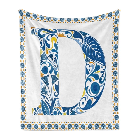 Letter D Soft Flannel Fleece Blanket, Vibrant Colored Swirls and Flower Elements in Alphabet Artwork with Frame, Cozy Plush for Indoor and Outdoor Use, 50" x 60", Blue Yellow Orange, by Ambesonne