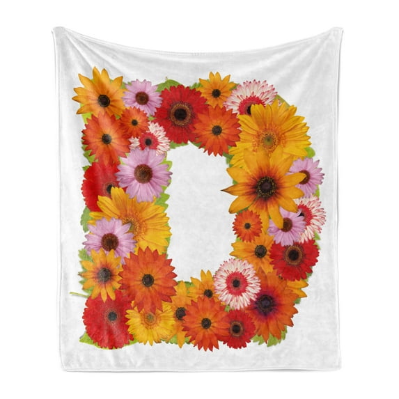 Letter D Soft Flannel Fleece Throw Blanket, Alphabet with Various Different Daisies Chamomiles Colorful Summer Petals, Cozy Plush for Indoor and Outdoor Use, 60" x 80", Multicolor, by Ambesonne