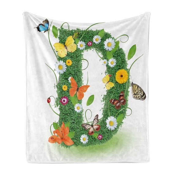 Letter D Soft Flannel Fleece Throw Blanket, Exotic Abloom Letter Organic Foliage Papilio Wings Seasonal Composition, Cozy Plush for Indoor and Outdoor Use, 70" x 90", Green Multicolor, by Ambesonne