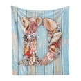 thumbnail image 1 of Letter D Soft Flannel Fleece Throw Blanket, Nautical Themed Alphabet with Seashells Animal Wooden Background, Cozy Plush for Indoor and Outdoor Use, 50" x 60", Dark Coral Pale Blue, by Ambesonne, 1 of 5