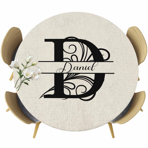 Letter D Table Cloth, Round Fitted Tablecloths with Elastic Edge, Monogram Words Wipeable Waterproof Table Cover for Kitchen Wedding 45-54 Inches