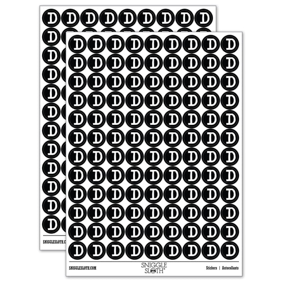 Letter D Uppercase Cute Typewriter Font 200+ Round Stickers - Black - Gloss Finish - 0.50" Size