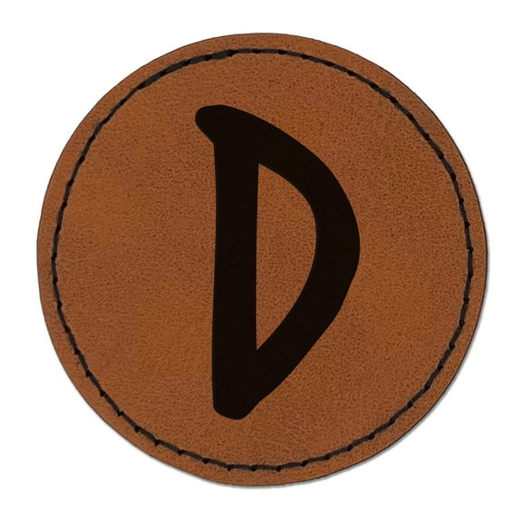 Letter D Uppercase Felt Marker Font 2.5" Faux Leather Round Engraved Iron-On Patch - Brown