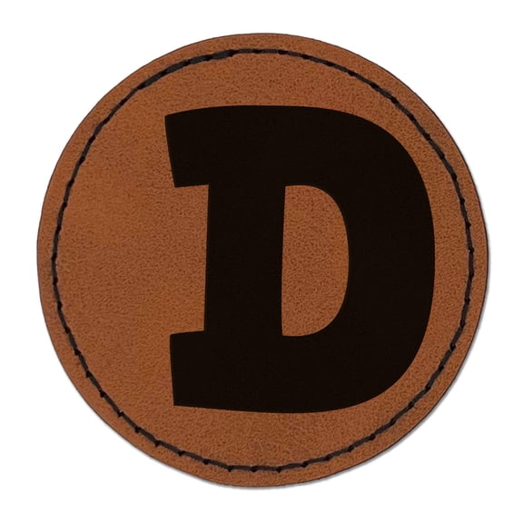Letter D Uppercase Fun Bold Font 2.5" Faux Leather Round Engraved Iron-On Patch - Brown