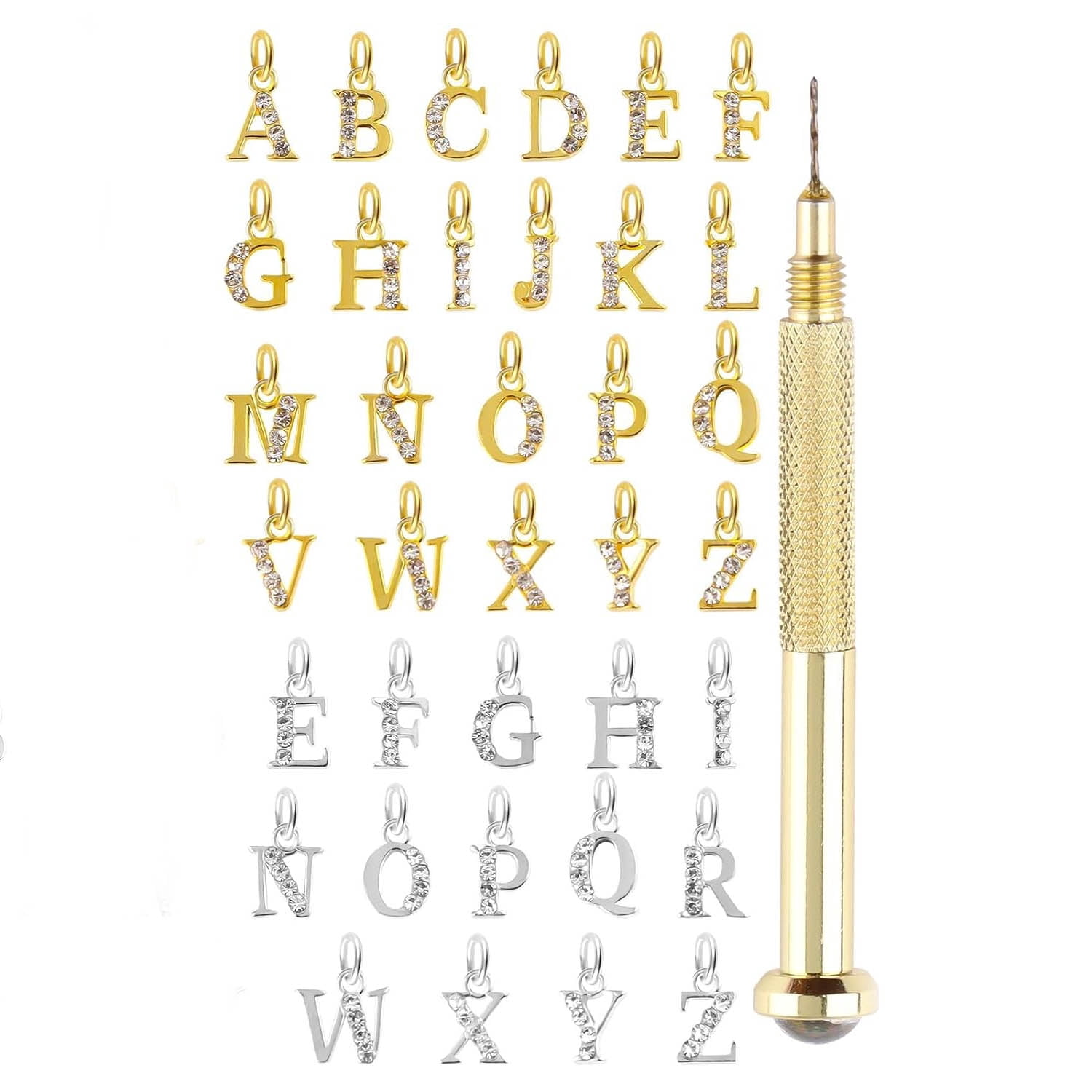 Letter Dangle Nail Charm for Valentine's Day, 3D Piercing Alphabet Rhinestone Alloy Jewelry Hoops with Nail Piercing Tool for Nail Art Decoration