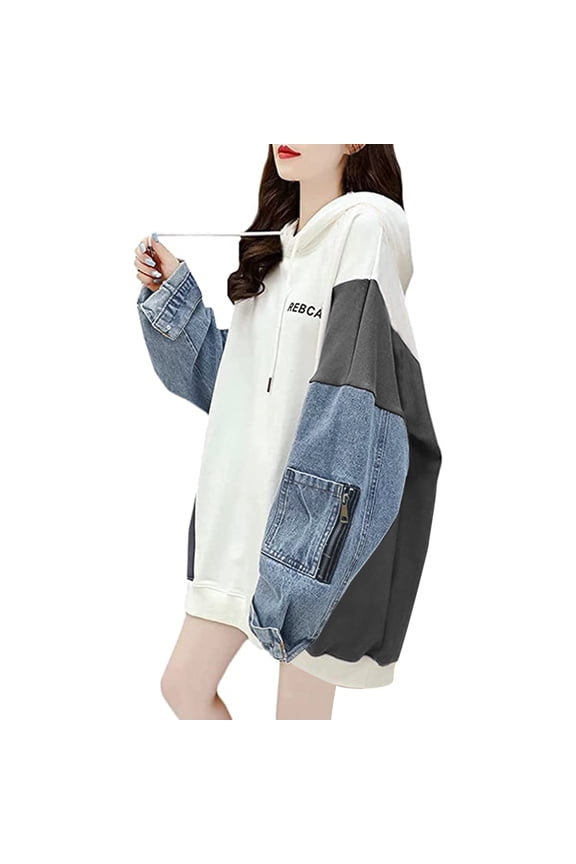 Letter Denim Patchwork Hoodie Tops Fashion y2k Color Block Long Sleeve Drawstring Hooded Sweatshirt