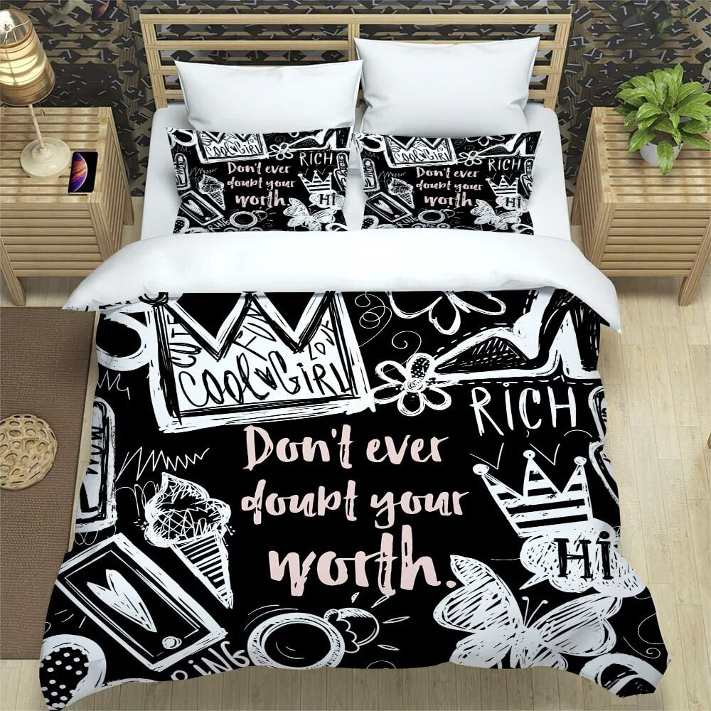 Letter Duvet Cover King/ Size English Words Print Bedding Set for Kids